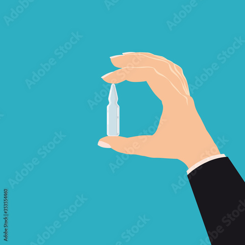 Hand hold pharmacy ampoule medicine. Template banner