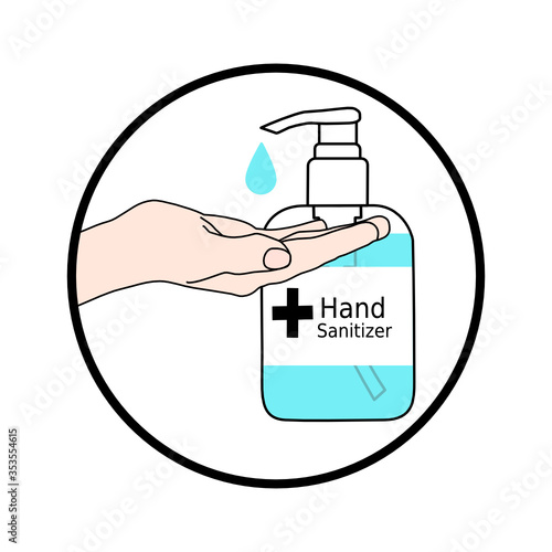 hand with hand sanitizer pump bottle and drop in the outline circle. Disease prevention method. Avoid germs infection. Disinfectant product. medical advertisement. Stop spreading contagious.