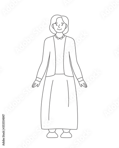 Cute elderly woman in long skirt. Cartoon vector coloring page