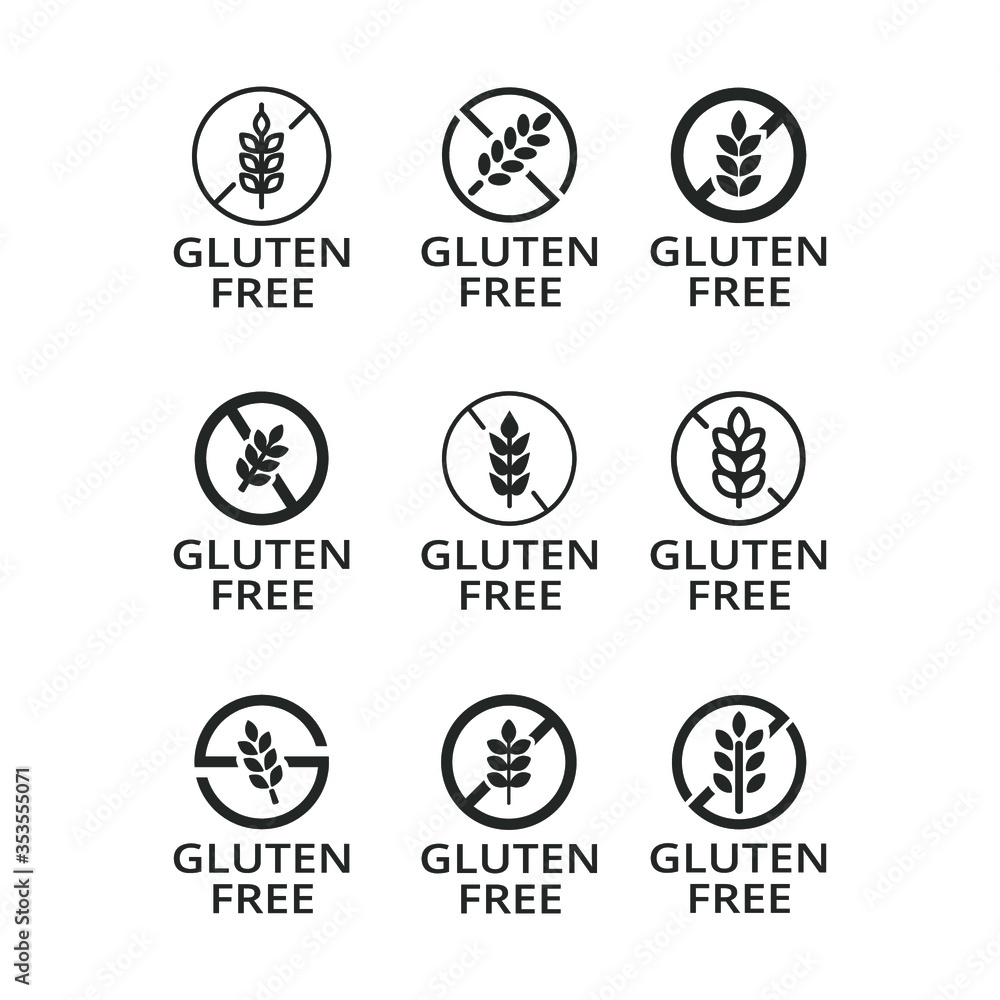 No gluten on food labels for packaging or ingredients. Food dietary label for product. No wheat symbol of allergen. Isolated gluten free icon set. Vector illustration.Design on white background. EPS10