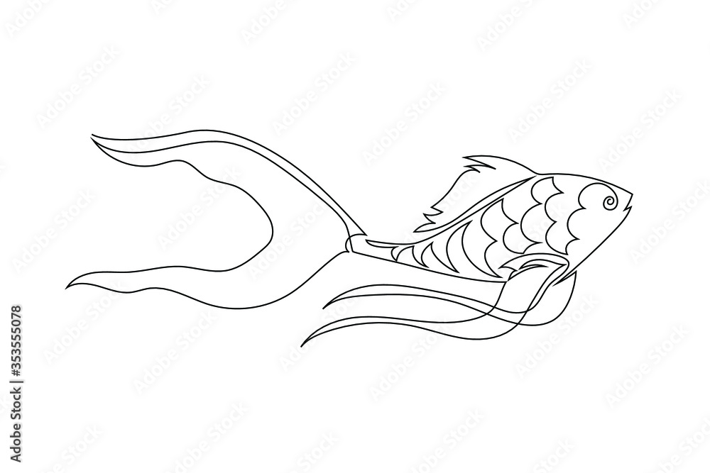 Fototapeta premium Fish drawn with one solid continuous line. Logo of a fishing, fast food or sushi bar. Vector illustration isolated on a white background.