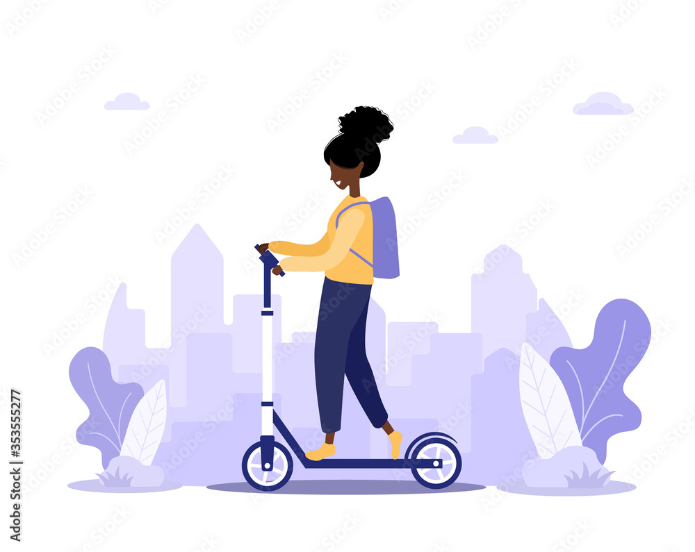 Online delivery service concept home and office. Scooter with fast woman courier. Shipping restaurant food and mail. Modern vector illustration in flat cartoon style.