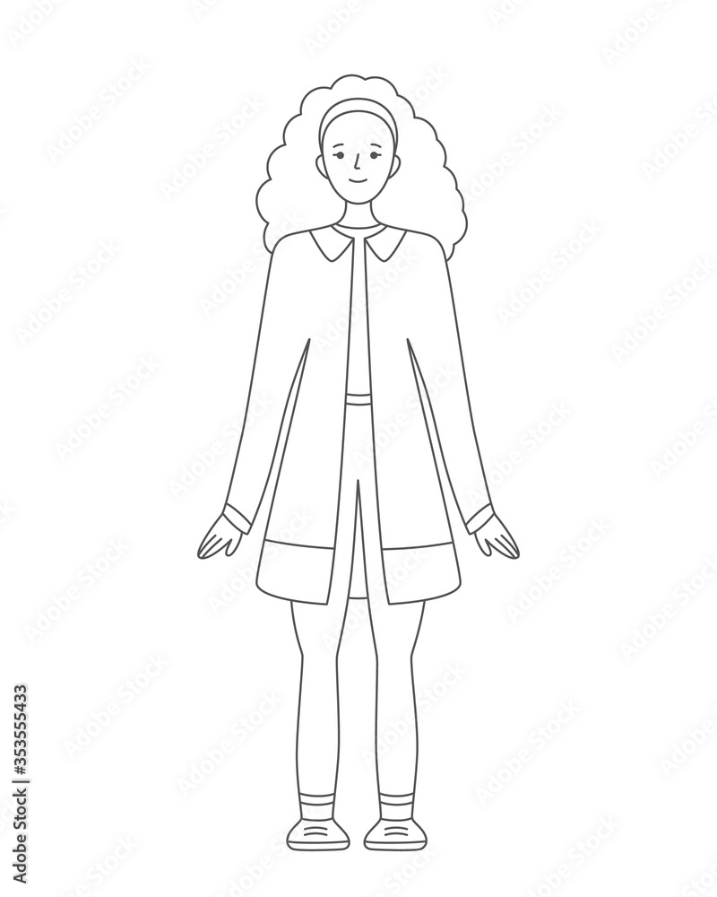 Happy beautiful cute girl is standing and smiling. Black and white coloring page Happy beautiful cute girl is standing and smiling. Black and white coloring page