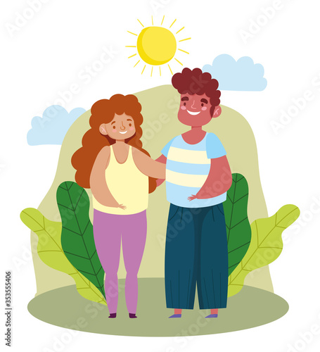 mom dad hugging in the landscape cartoon  family day