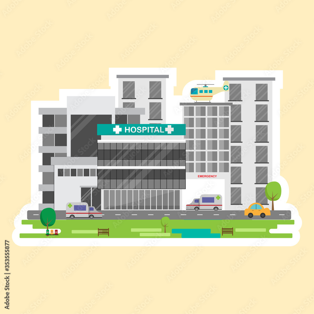 Hospital building in stickers design. Hospital building in stickers design.