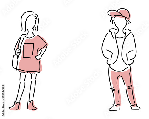 ソーシャルディスタンスを保って、女性と男性が離れて立っているイラスト。
