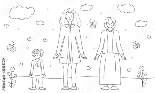 Mother, little girl and grandmother walking outside. Cute coloring page