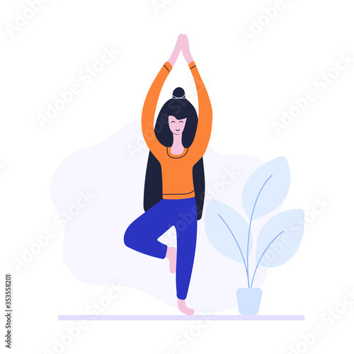 Woman standing in yoga pose, fitness exercise, pilates. Sport at home. Flat vector illustration.