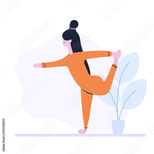 Woman doing fitness exercise, yoga, pilates, sport classes. Hand drawn flat vector illustration isolated on white background.