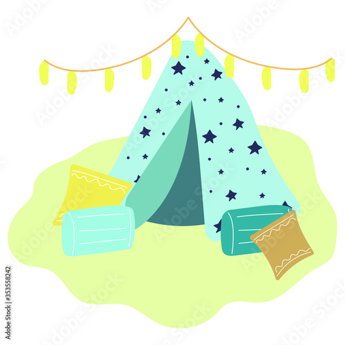 Hand made home tent, pillows, garland. Flat vector illustration.