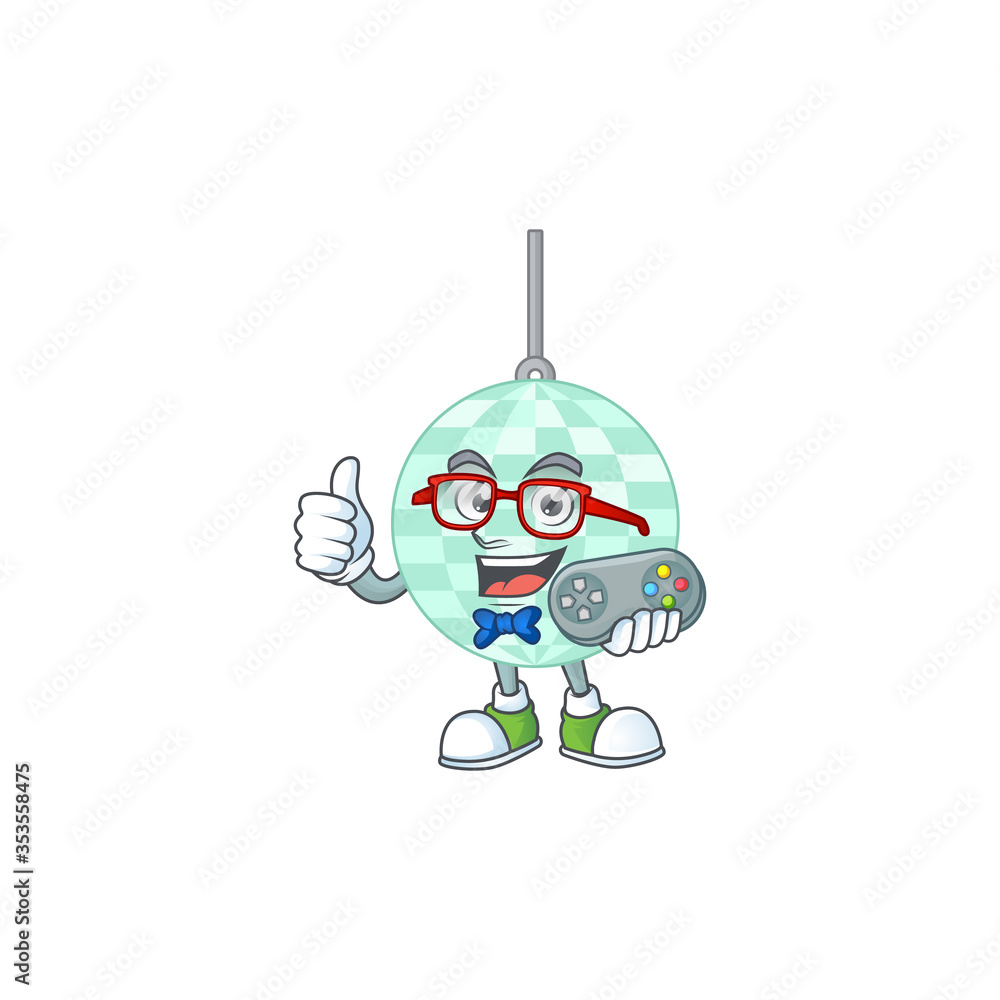 Cartoon mascot design of disco ball play a game with controller Cartoon mascot design of disco ball play a game with controller