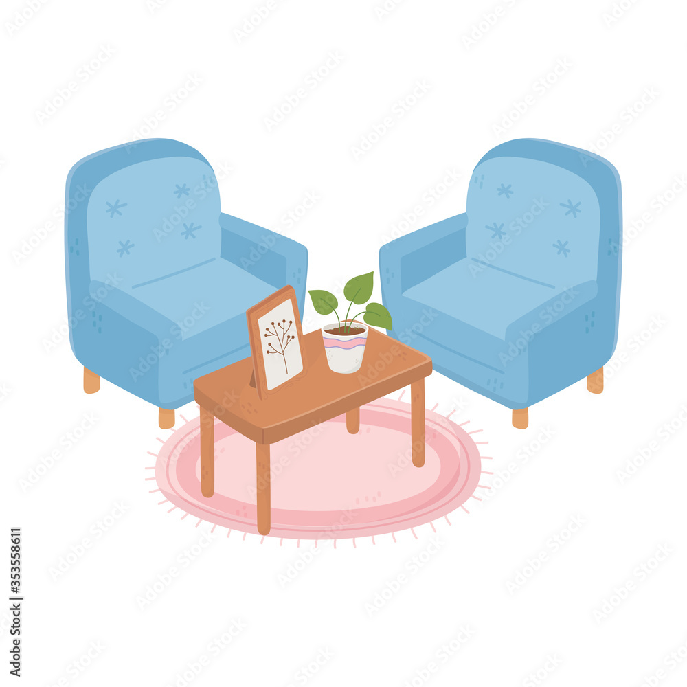 sweet home armchairs table with plant and frame decoration sweet home armchairs table with plant and frame decoration