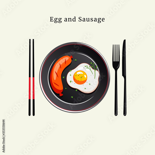Delicious sausage and sunny side up egg vector illustration from top view  on white background, restaurant menu design vector