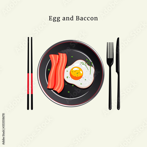 Delicious sunny side up egg and bacon vector illustration from top view  on white background, restaurant menu design vector