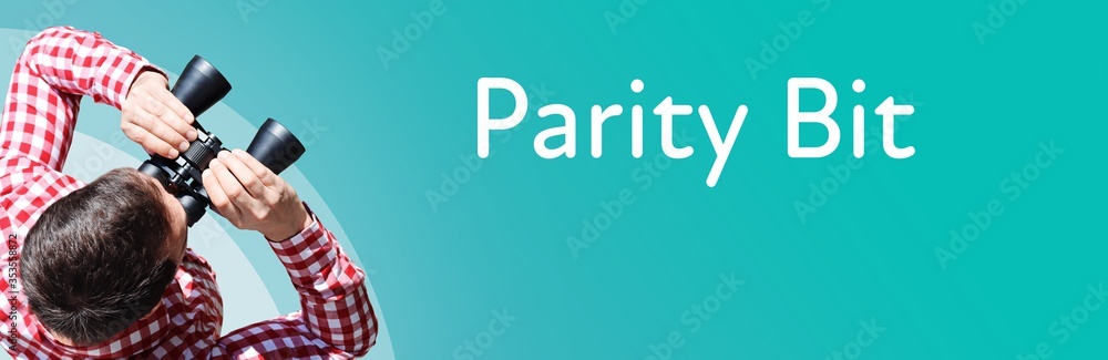 Naklejka premium Parity Bit. Businessman (man) looks through binoculars. Birds eye view. Focus on text. Blue Background. Business, Finance, Statistics, Analysis, Economy