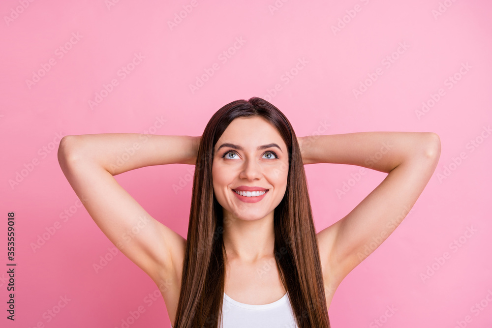 Close-up portrait of her she nice attractive lovely pretty cute dreamy confident charming cheerful cheery straight-haired girl resting looking up isolated over pink pastel color background Close-up portrait of her she nice attractive lovely pretty cute dreamy confident charming cheerful cheery straight-haired girl resting looking up isolated over pink pastel color background