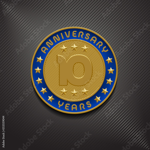 10 years anniversary vector logo, icon. Graphic symbol with golden medal