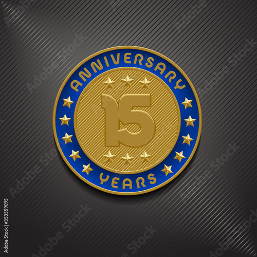 15 years anniversary vector logo, icon. Graphic symbol with golden medal