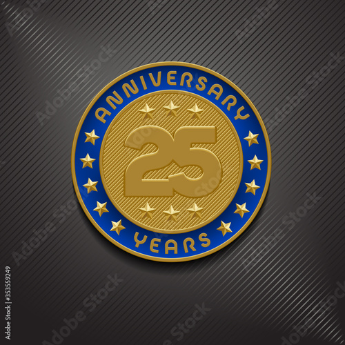 25 years anniversary vector logo, icon. Graphic symbol with golden medal