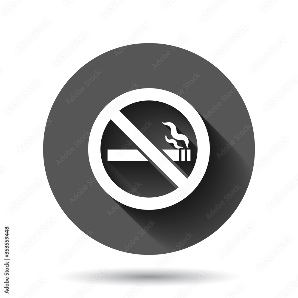 No smoking sign icon in flat style. Cigarette vector illustration on black round background with long shadow effect. Nicotine circle button business concept. No smoking sign icon in flat style. Cigarette vector illustration on black round background with long shadow effect. Nicotine circle button business concept.