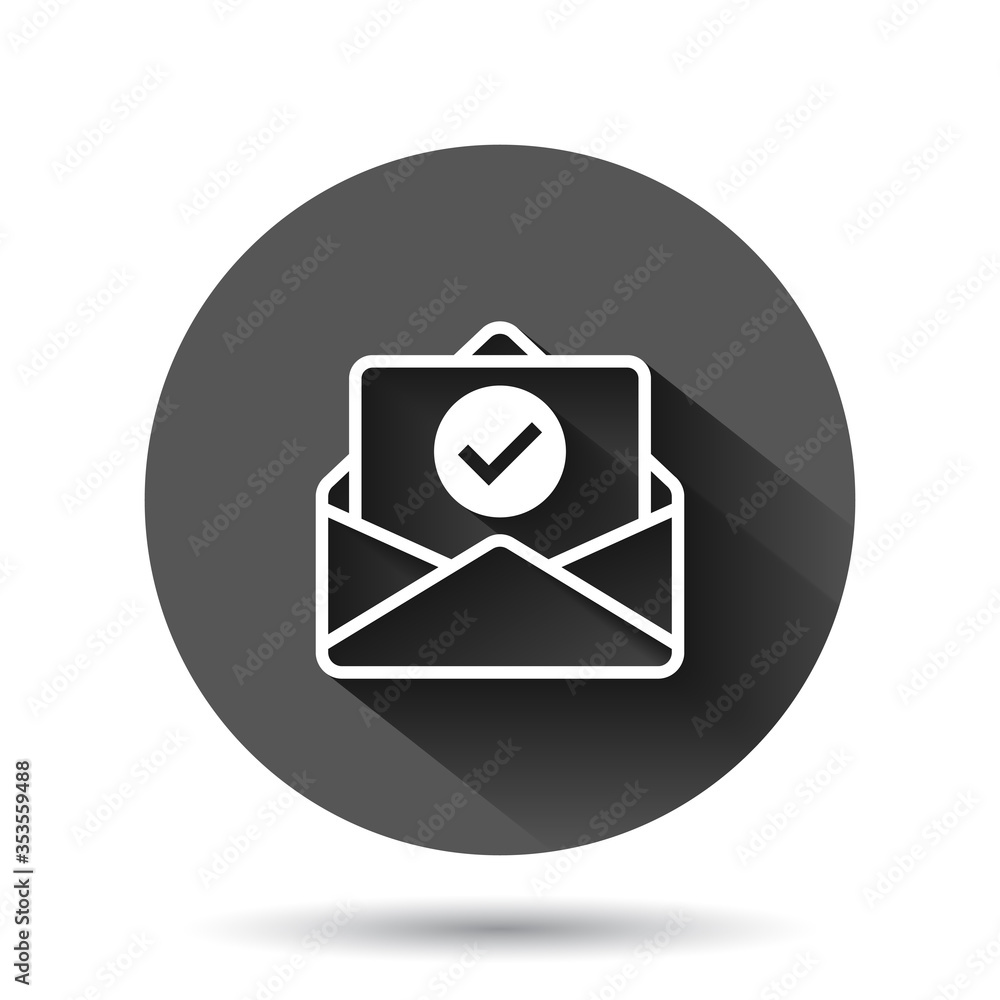 Envelope with confirmed document icon in flat style. Verify vector illustration on black round background with long shadow effect. Receive circle button business concept. Envelope with confirmed document icon in flat style. Verify vector illustration on black round background with long shadow effect. Receive circle button business concept.