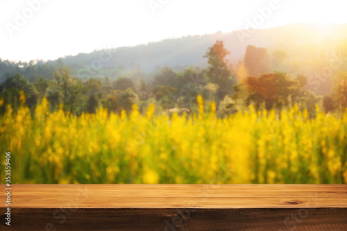 Empty wooden table space platform and blurred field or farm background for product display montage