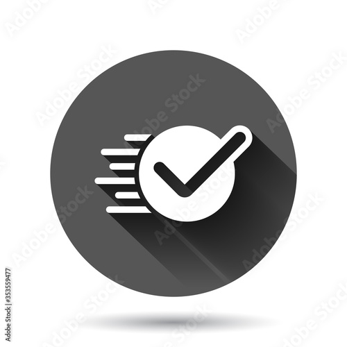 Check mark sign icon in flat style. Confirm button vector illustration on black round background with long shadow effect. Accepted circle button business concept.