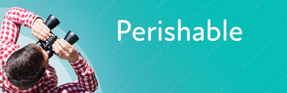 Naklejka premium Perishable. Businessman (man) looks through binoculars. Birds eye view. Focus on text. Blue Background. Business, Finance, Statistics, Analysis, Economy