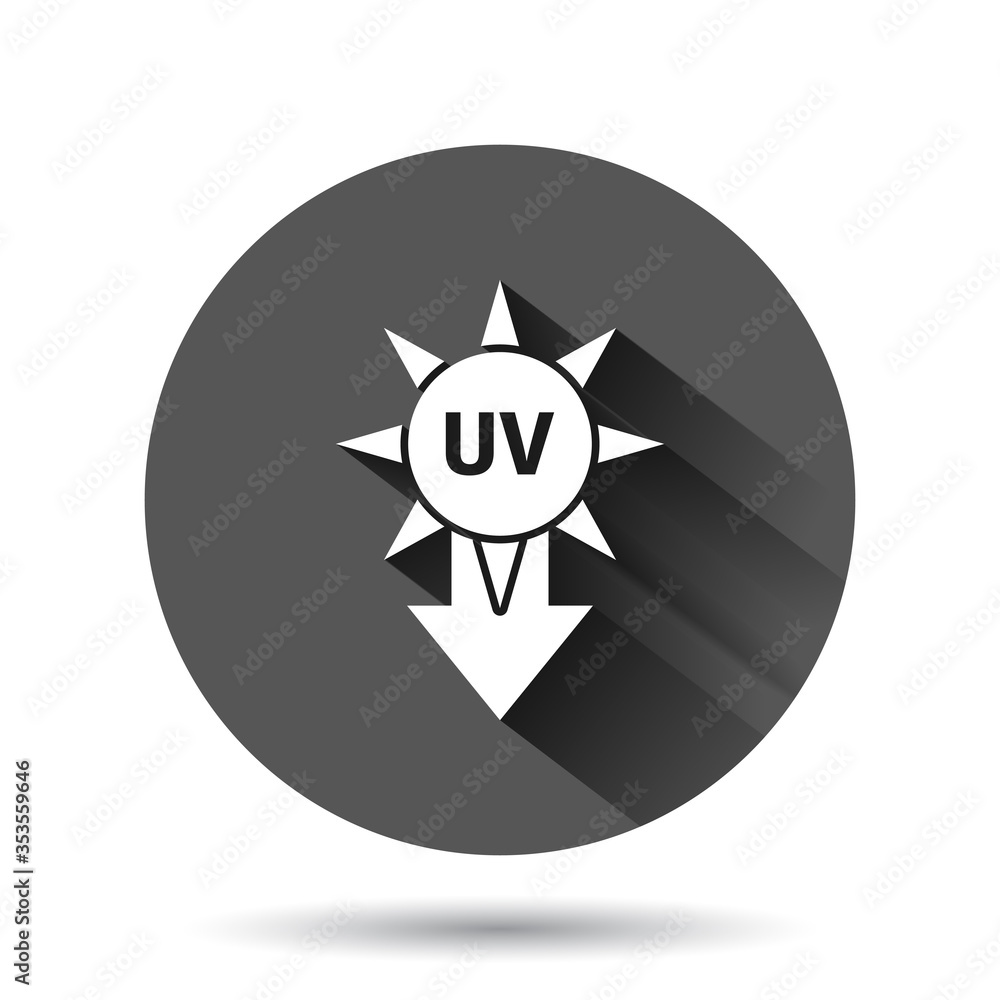UV radiation icon in flat style. Ultraviolet vector illustration on black round background with long shadow effect. Solar protection circle button business concept. UV radiation icon in flat style. Ultraviolet vector illustration on black round background with long shadow effect. Solar protection circle button business concept.