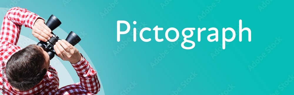 Naklejka premium Pictograph. Businessman (man) looks through binoculars. Birds eye view. Focus on text. Blue Background. Business, Finance, Statistics, Analysis, Economy