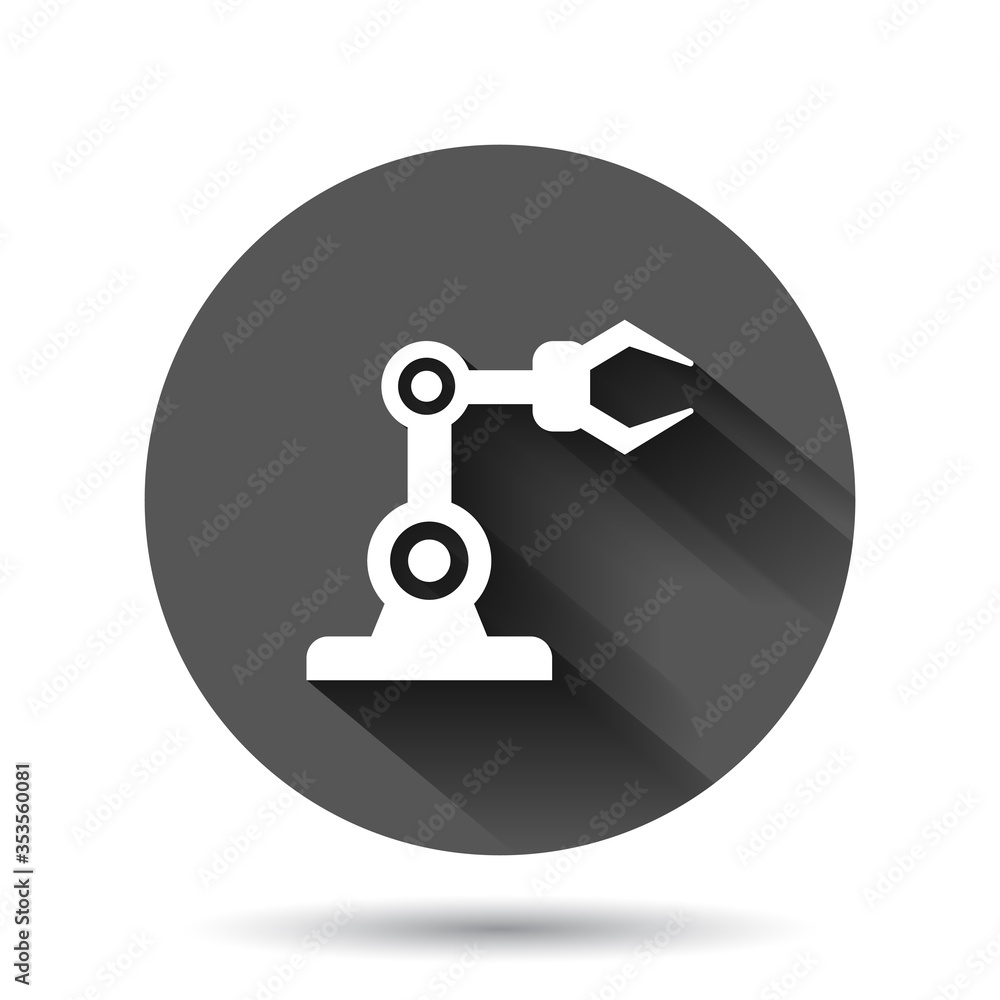 Robot arm icon in flat style. Mechanic manipulator vector illustration on black round background with long shadow effect. Machine circle button business concept. Robot arm icon in flat style. Mechanic manipulator vector illustration on black round background with long shadow effect. Machine circle button business concept.