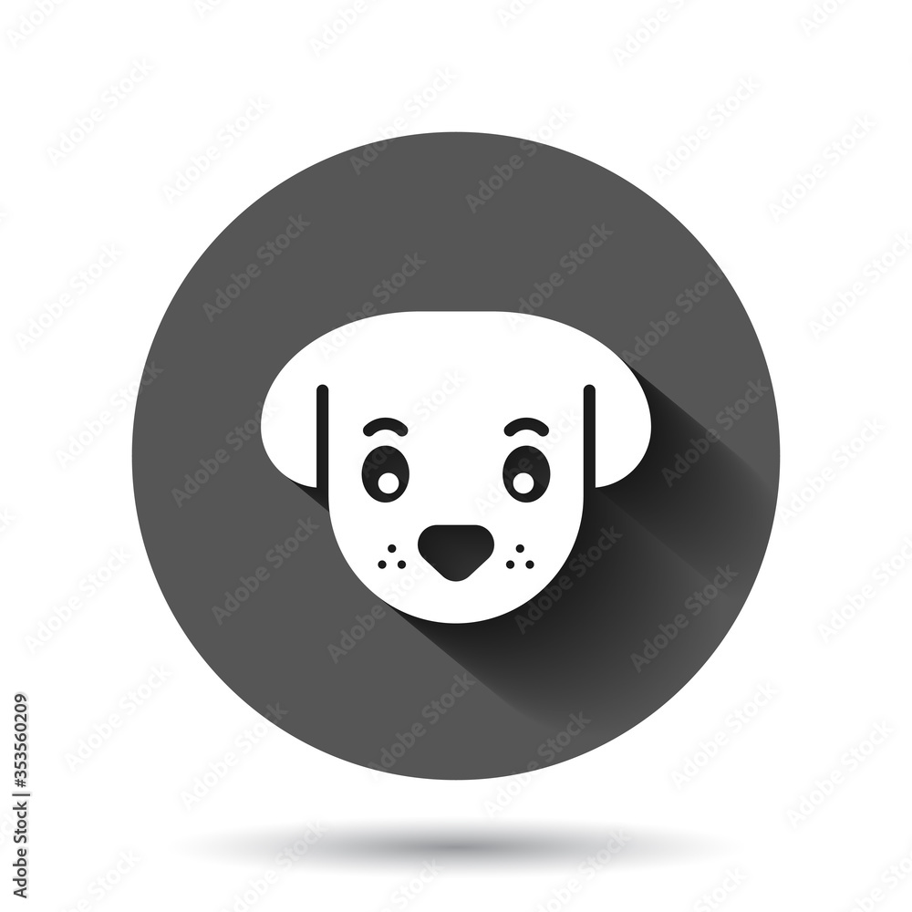 Dog head icon in flat style. Cute pet vector illustration on black round background with long shadow effect. Animal circle button business concept. Dog head icon in flat style. Cute pet vector illustration on black round background with long shadow effect. Animal circle button business concept.
