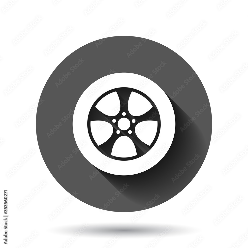 Car wheel icon in flat style. Vehicle part vector illustration on black round background with long shadow effect. Tyre circle button business concept.