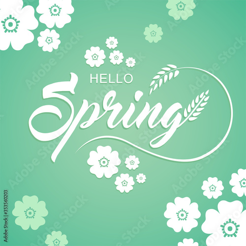 Hello Spring Calligraphy Text Logo Sign on Green Background with flowers and leaf or leaves for Promotional Banner or Advertisement.
