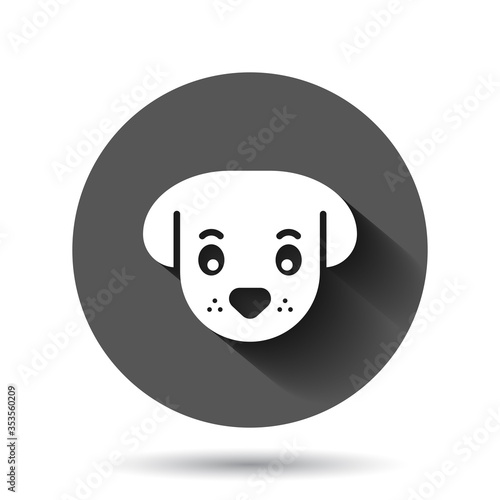 Dog head icon in flat style. Cute pet vector illustration on black round background with long shadow effect. Animal circle button business concept.