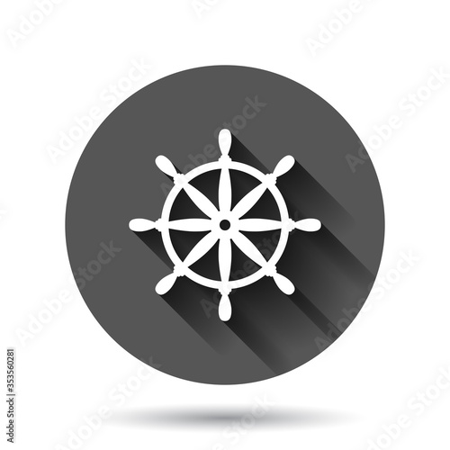 Helm wheel icon in flat style. Navigate steer vector illustration on black round background with long shadow effect. Ship drive circle button business concept.