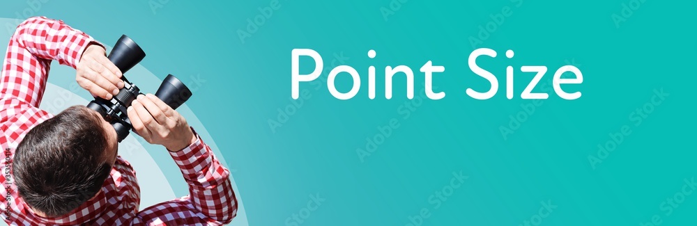 Naklejka premium Point Size. Businessman (man) looks through binoculars. Birds eye view. Focus on text. Blue Background. Business, Finance, Statistics, Analysis, Economy