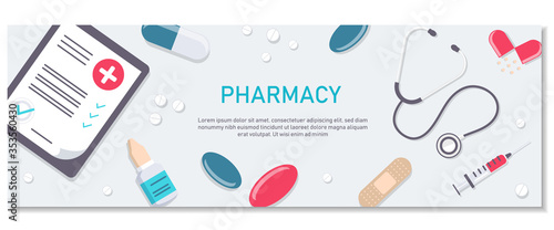 Pharmacy background, pharmacy design, pharmacy templates. Medicine, pharmacy, hospital set of drugs with labels. Medication, pharmaceutics concept. Different medical