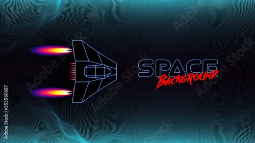 Arcade space ship flying over the the blue corridor or canyon landscape with 3D mountains, 80s style synthwave or retrowave scenic view