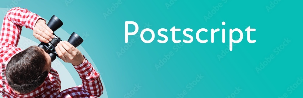 Naklejka premium Postscript. Businessman (man) looks through binoculars. Birds eye view. Focus on text. Blue Background. Business, Finance, Statistics, Analysis, Economy