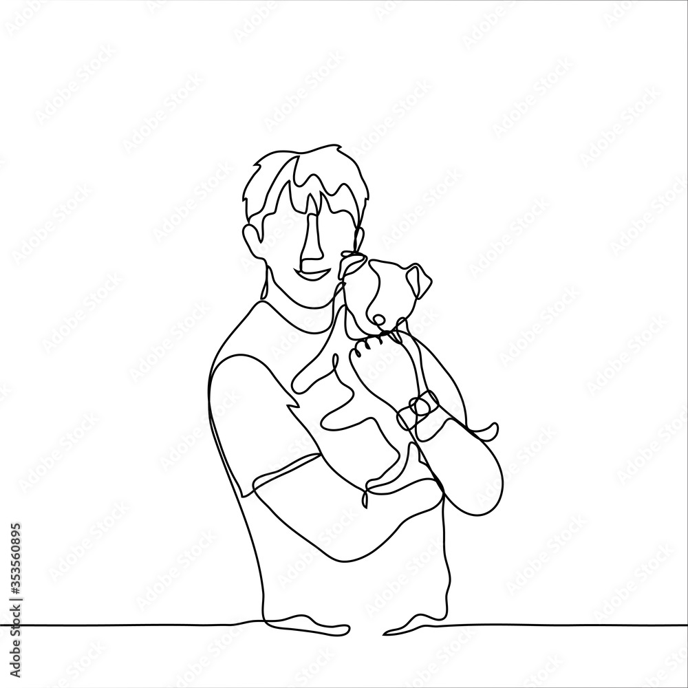 A man holds a puppy and smiles. A dog lover holds his pet in his arms. One continuous line drawing of a dog lover with a puppy. Can be used for animation. A man holds a puppy and smiles. A dog lover holds his pet in his arms. One continuous line drawing of a dog lover with a puppy. Can be used for animation.