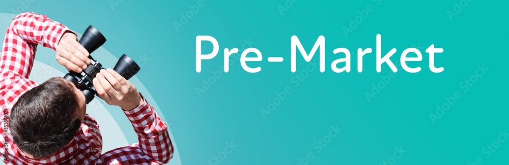 Naklejka premium Pre-Market. Businessman (man) looks through binoculars. Birds eye view. Focus on text. Blue Background. Business, Finance, Statistics, Analysis, Economy
