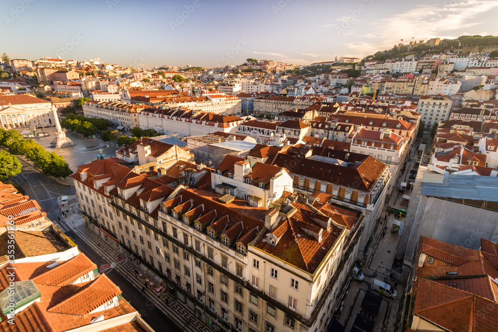 Panoramic view of Lisbon red and orange roofs at sunrise - Lisbon Portugal