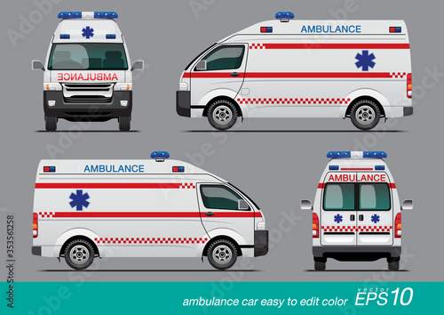 VECTOR EPS10 - white ambulance car template, medical van, isolated on grey background.