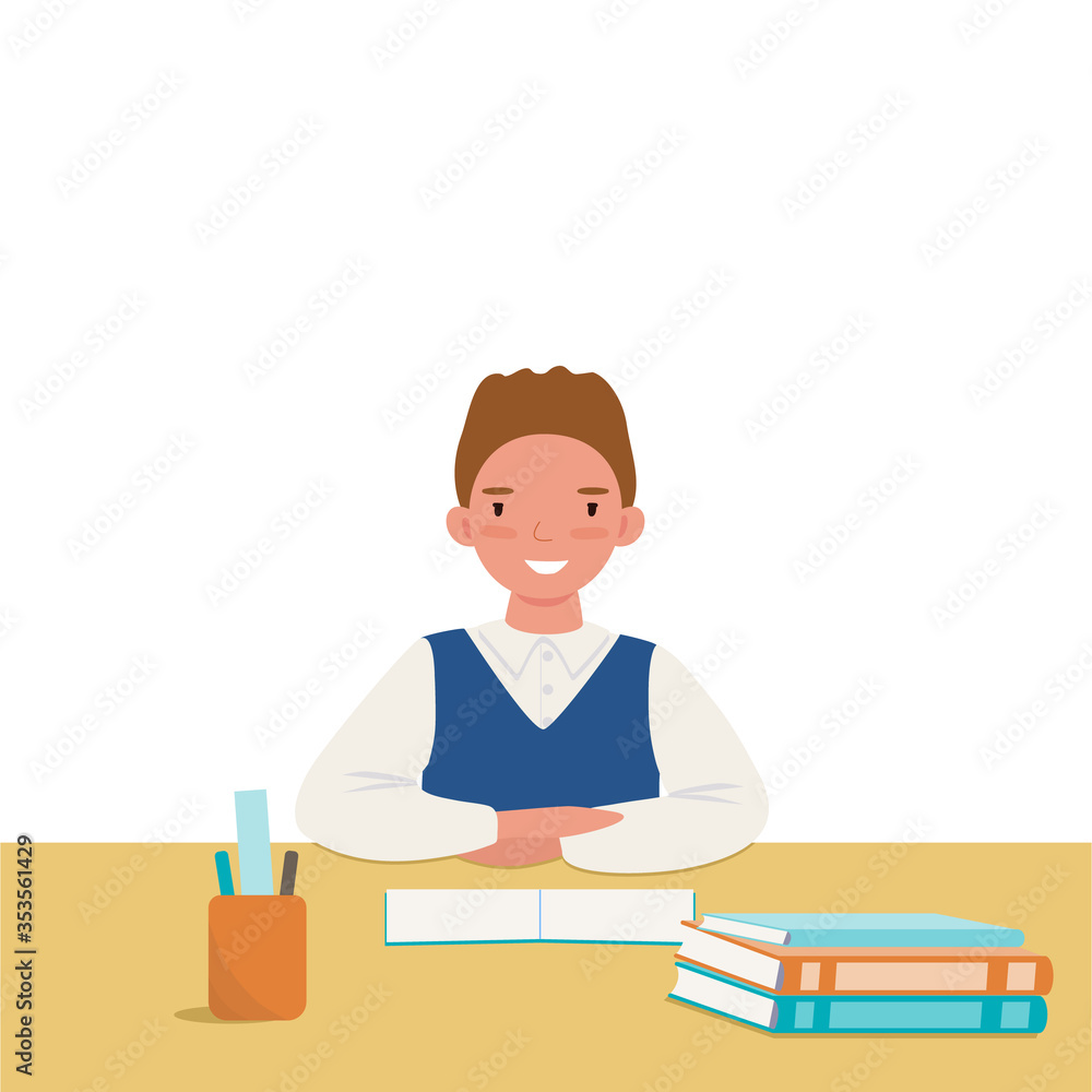 The boy learns at the table. A happy young schoolboy smiles. Cartoon flat vector illustration.