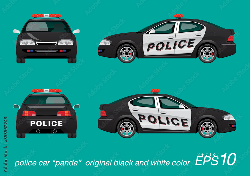 VECTOR EPS10 - police car black and white color with red siren, template isolated on green background.