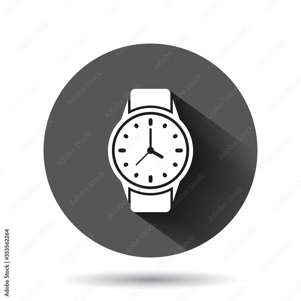 Wrist watch icon in flat style. Hand clock vector illustration on black round background with long shadow effect. Time bracelet circle button business concept. Wrist watch icon in flat style. Hand clock vector illustration on black round background with long shadow effect. Time bracelet circle button business concept.