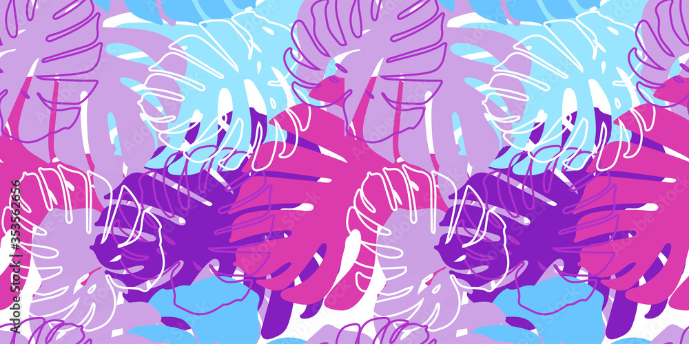 Naklejka premium Floral botanic seamless pattern border. Tropical leaves background. Bright summer vector illustration. hand drawn Monstera leaves nature border.Isolated. fashion arrangements.