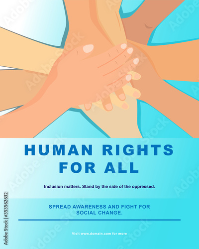 Illustration vector graphic of human rights poster, piles of hands with different skin colors. light blue background.