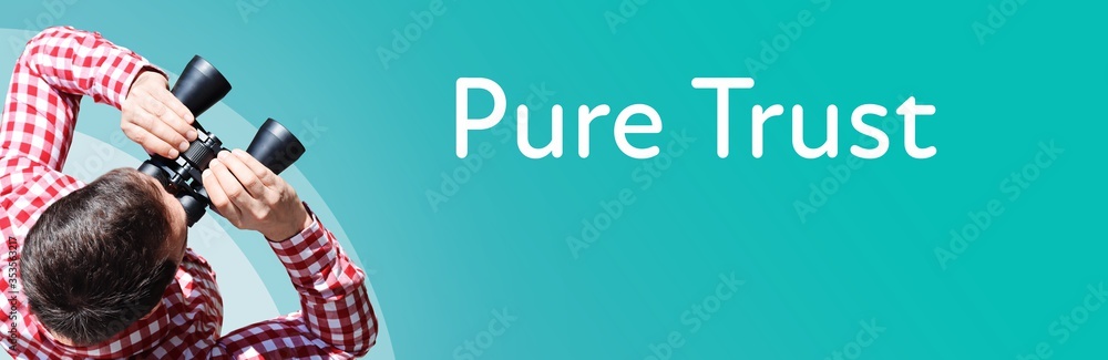 Naklejka premium Pure Trust. Businessman (man) looks through binoculars. Birds eye view. Focus on text. Blue Background. Business, Finance, Statistics, Analysis, Economy
